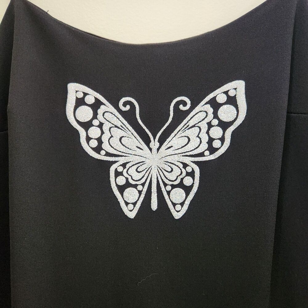 Vtg Early 2000s/Y2K Black Mini Dress Glitter Butterfly Sz L Fairycore Coachella - Picture 3 of 5